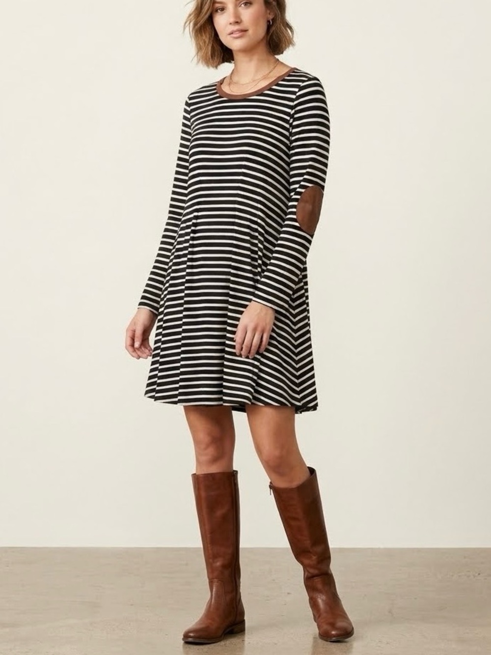Umgee Striped Long Sleeve Flowy Dress Black White Brown Trim Comfy Fall Womens L